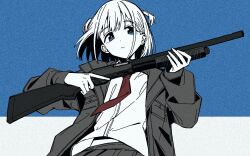  1girl black_jacket blue_background blue_eyes closed_mouth expressionless gun highres holding holding_gun holding_weapon idolmaster idolmaster_shiny_colors jacket limited_palette long_sleeves looking_to_the_side necktie open_clothes open_jacket pump_action qaqyes_re red_necktie serizawa_asahi shirt short_hair shotgun simple_background skirt solo two_side_up weapon white_shirt 