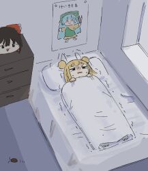  1girl blonde_hair bug character_print cockroach commentary_request double_bun hair_bun hair_ribbon hakurei_reimu haniyasushin_keiki head_on_pillow indoors joutouguu_mayumi kyuukei_usagi lying medium_hair multi-source_commentary on_back on_bed pillow poster_(object) ribbon scared solo sweat touhou translation_request trembling under_covers yukkuri_shiteitte_ne 
