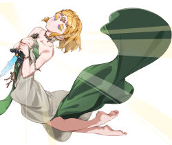  absurdres bare_shoulders barefoot blonde_hair braid choker collarbone crown_braid dagger dress green_dress highres holding holding_dagger holding_knife holding_weapon knife legs light_rays long_dress medium_hair multicolored_eyes pointy_ears princess_zelda simple_background strapless strapless_dress summer_(724788381) the_legend_of_zelda the_legend_of_zelda:_tears_of_the_kingdom tiara weapon 