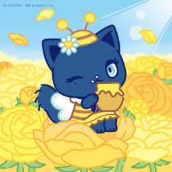  1girl ado_(utaite) adorozatorumary animal_ears antennae artist_request bee_costume black_ribbon blue_eyes blurry blurry_background cat_ears cat_girl cat_tail chibi chibi_only chibikemo commentary_request dress fake_wings flat_color flower furry furry_female hat hat_flower holding_honeypot honey honeypot licking_lips light_rays looking_at_viewer mini_person minigirl mole mole_under_eye neck_ribbon official_art on_flower one_eye_closed outdoors petals ribbon sanrio second-party_source sitting solo striped_clothes striped_dress sunlight tail thick_lineart tongue tongue_out white_flower wings yellow_dress yellow_flower yellow_hat 