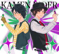  2boys animification black_hair black_hat brown_hair closed_mouth commentary copyright_name cropped_torso fedora gaia_memory green_eyes hand_up hat hidari_shoutarou highres holding jewelry kamen_rider kamen_rider_w layered_clothes long_sleeves looking_at_viewer male_focus multiple_boys necklace necktie outline philip_(kamen_rider) red_necktie ring short_hair smile sparkle uechi_0312 violet_eyes white_outline 