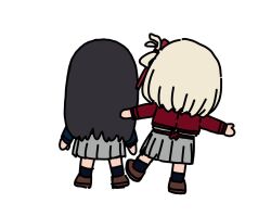  2girls black_hair blonde_hair blue_socks brown_shoes chibi chibi_only chisato_and_takina_kicking_each_other's_butt_(meme) commentary_request from_behind hair_ribbon imigimuru inoue_takina long_hair lycoris_recoil lycoris_uniform meme multiple_girls nishikigi_chisato one_side_up outstretched_arms red_eyes ribbon shoes short_hair simple_background socks spread_arms white_background 