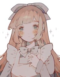  1girl apron blonde_hair blush bow bowtie crescent crescent_earrings crying crying_with_eyes_open dress earrings frilled_apron frills grey_bow grey_bowtie grey_dress grey_hair hair_bow highres jewelry littlebluemuffin long_hair long_sleeves muffin_(littlebluemuffin) original parted_lips ring sparkle tears upper_body white_apron white_background 