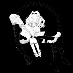  1boy 1girl absurdres age_difference blush carrying carrying_person closed_eyes commentary_request fine_art_parody full_body greyscale highres husband_and_wife ishida_mitsunari_(sengoku_basara) long_hair monochrome nashi_(shi_ra_nu_i) oc_x_canon original parody pieta ponytail sengoku_basara utaha_(nashi) 