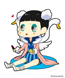  1boy ballet_slippers black_hair blunt_bangs bon_clay chibi clip_studio_paint_(medium) coat commentary_request curry_gohan eyeshadow makeup male_focus one_piece pink_coat short_hair sitting solo twitter_username 