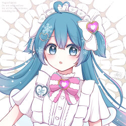  1girl ahoge blue_eyes blue_hair bow bowtie commentary_request double-parted_bangs hair_between_eyes hair_bow hatsune_miku heart heart_ahoge highres long_hair looking_at_viewer maid_headdress nagisa_yukimi open_mouth pink_bow pink_bowtie shirt short_sleeves solo striped_bow striped_bowtie striped_clothes twintails two_side_up upper_body vocaloid watermark white_bow white_shirt yuki_miku yuki_miku_(2027) 