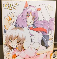  +++ 2girls animal_ears black_jacket blazer blush_stickers breasts brown_eyes brown_hair carrot_necklace collared_shirt comiket_105 commentary dated dress floppy_ears frilled_sleeves frills grin inaba_tewi jacket jewelry leaning_forward long_hair long_sleeves medium_breasts multiple_girls necklace necktie notice_lines open_clothes open_jacket open_mouth otomen_maru-no-uchi pink_dress purple_hair rabbit_ears rabbit_girl rabbit_tail red_eyes red_necktie reisen_udongein_inaba shikishi shirt short_hair signature smile tail touhou untranslatable_commentary very_long_hair white_shirt 