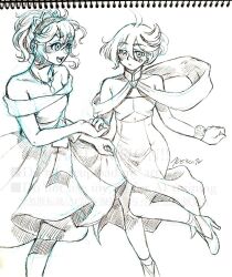  2girls commentary_request dress gundam gundam_suisei_no_majo kanesada_keishi miorine_rembran multiple_girls photo_(medium) suletta_mercury traditional_media yuri 