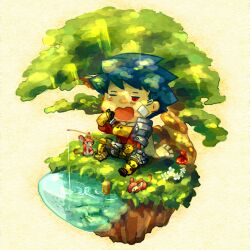  1boy armor bandaid bandaid_on_cheek bandaid_on_face blue_hair breastplate chibi chibi_only fishing greaves grey_scarf male_focus mori_nezumi_(sekaiju) motimamire mouse_(animal) mushroom one_eye_closed outdoors pants red_eyes scarf sekaiju_no_meikyuu sekaiju_no_meikyuu_1 short_hair sitting solo swordsman_(sekaiju) swordsman_1_(sekaiju) tree yawning 