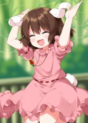  1girl :d animal_ears arms_up blurry blush brown_hair carrot_necklace closed_eyes commentary_request completion_time depth_of_field dress facing_viewer highres inaba_tewi jewelry medium_hair necklace pendant pink_dress rabbit_ears rabbit_girl rabbit_tail ribbon-trimmed_dress ribbon_trim ruu_(tksymkw) smile solo tail touhou 