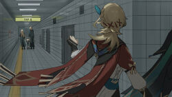 1girl 4boys absurdres age_comparison aged_down alhaitham_(genshin_impact) black_gloves blonde_hair cape ceiling_light commentary door family from_behind genshin_impact gloves hair_ornament hallway highres indoors kaveh_(genshin_impact) long_sleeves looking_at_another male_focus multiple_boys partially_fingerless_gloves reaching reaching_towards_another red_cape solo_focus the_exit_8 x_hair_ornament yiyiyiyi670 