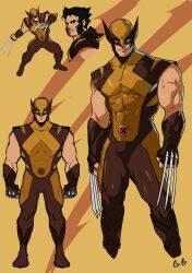 1boy absurdres arm_hair beard black_hair bodysuit claw_(weapon) cody_conyers_(stellaravenger) facial_hair highres male_focus marvel multicolored_bodysuit muscular muscular_male solo spiky_hair superhero_costume two-tone_bodysuit weapon wolverine_(x-men) x-men x-uniform yellow_bodysuit 