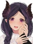  1girl :d blush braid dc24v demon_girl demon_horns eyebrows_visible_through_hair hand_grab hand_on_another&#039;s_cheek hand_on_another&#039;s_face honey_strap horns long_hair looking_at_viewer mole mole_under_mouth nose_blush open_mouth pointy_ears pov pov_hands purple_hair saionji_mary smile solo_focus sweater violet_eyes virtual_youtuber white_background white_sweater 