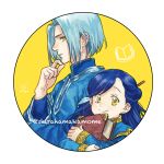  1boy 1girl :| aqua_hair asymmetrical_bangs bangs blue_hair blue_robe book book_hug border child chin_stroking circle closed_mouth crossed_arms dark_blue_hair expressionless eyebrows ferdinand_(honzuki_no_gekokujou) finger_to_own_chin from_side hair_behind_ear hair_ornament hair_stick half_updo hands_up high_collar holding holding_book honzuki_no_gekokujou layered_sleeves long_hair long_sleeves looking_at_viewer looking_to_the_side maine_(honzuki_no_gekokujou) object_hug parted_bangs profile robe round_image shirahama_kamome sideways_glance signature simple_background sleeve_cuffs smile split_mouth tareme transparent_border twitter_username upper_body wide_sleeves yellow_background yellow_eyes 