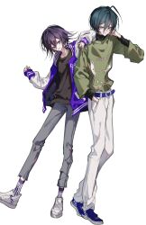  2boys absurdres ahoge animal_print arm_on_another's_shoulder belt belt_buckle black_hair black_shirt buckle casual character_name character_print clothes_writing collarbone danganronpa_(series) danganronpa_v3:_killing_harmony dog_print dot_nose full_body green_shirt grey_leggings hair_between_eyes hand_in_pocket hand_on_another's_shoulder hand_on_own_face happy head_tilt highres jacket kuromi layered_shirt layered_sleeves leggings light_frown long_hair_between_eyes long_sleeves looking_at_viewer male_focus memeeo0o multiple_boys my_melody_(series) nervous official_alternate_costume oma_kokichi open_clothes open_jacket pants parted_lips pochacco print_jacket print_shirt puffy_long_sleeves puffy_sleeves purple_belt purple_hair purple_jacket purple_shoes purple_socks saihara_shuichi sanrio shirt shoes short_hair simple_background sleeves_past_wrists smile sneakers socks standing striped_clothes striped_socks sweatdrop sweatpants teeth track_jacket turtleneck turtleneck_shirt two-tone_socks vertical-striped_clothes vertical-striped_socks violet_eyes white_background white_pants white_shoes white_sleeves white_socks yellow_eyes 