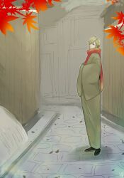  1boy blonde_hair clip_studio_paint_(medium) commentary_request curly_eyebrows curry_gohan facial_hair full_body goatee hair_over_one_eye japanese_clothes kimono mustache one_piece orange_leaf outdoors red_scarf sandals sanji_(one_piece) scarf short_hair socks solo wide_sleeves 