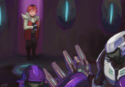  2others 4boys =_= alien arbiter armor black_boots black_gloves black_hair black_pants black_shirt boots closed_eyes closed_mouth coat combat_helmet dated double-parted_bangs east-west_crossover gas_mask gloves halo_(series) halo_2 helmet highres holding kanokoga mask multicolored_hair multiple_boys multiple_others orange_eyes pants purple_armor red_coat red_hair rtas'vadum sangheili sash scene_reference science_fiction shirt short_hair signature sousou_no_frieren spacecraft_interior standing stark_(sousou_no_frieren) two-tone_hair unggoy white_armor 