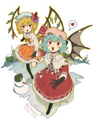  2girls absurdres alternate_costume bat_wings blonde_hair blue_hair blush bow bowtie brooch character_snowman chenwei_jun chinese_commentary commentary_request crystal crystal_wings dress flandre_scarlet fur-trimmed_skirt fur_trim hair_between_eyes hat hat_ribbon heart highres hong_meiling jewelry leg_up mob_cap multiple_girls one_side_up open_mouth orange_bow orange_bowtie orange_skirt pink_hat red_dress red_eyes remilia_scarlet ribbon shirt siblings sisters skirt smile snowman spoken_heart touhou white_hat white_shirt wings winter winter_clothes 