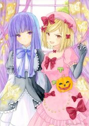  2girls alternate_costume beret black_dress black_gloves blonde_hair blue_bow blunt_bangs bow breasts bug butterfly commentary_request curtains dress dress_bow elbow_gloves empty_eyes frederica_bernkastel frilled_dress frilled_sleeves frills gloves hair_bow hat hat_bow highres hime_cut indoors jack-o'-lantern jewelry lambdadelta layered_dress long_hair medium_breasts multiple_girls necklace painting_(medium) pearl_necklace pink_dress pink_hat puffy_short_sleeves puffy_sleeves purple_hair red_bow red_eyes short_hair short_sleeves sidelocks small_breasts sweet_miuk_tea traditional_media twitter_username umineko_no_naku_koro_ni violet_eyes watercolor_(medium) watermark wide_sleeves window witch 