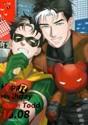  batman_(series) batman_symbol bkcat_95 black_bodysuit black_gloves black_hair bodysuit brown_jacket dc_comics domino_mask eye_mask gloves grey_bodysuit highres jacket jason_todd male_focus mask multicolored_bodysuit multiple_boys muscular muscular_male open_clothes red_hood_(dc) red_hood_and_the_outlaws red_mask robin_(dc) short_hair superhero_costume taut_bodysuit taut_clothes two-tone_bodysuit western_comics_(style) 