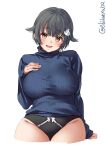  1girl bangs black_panties blush breasts brown_eyes ebifurya eyebrows_visible_through_hair groin hair_flaps hair_ornament hand_on_own_chest hand_up highres jingei_(kancolle) kantai_collection large_breasts long_sleeves looking_at_viewer no_pants open_mouth panties short_hair simple_background smile solo thick_thighs thighs turtleneck twitter_username underwear 