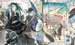  1boy 1girl :o absurdres amikawa_ai amikawa_yuu aqua_eyes aqua_hair belt_pouch black_coat black_dress black_gloves black_hat black_kimono black_ribbon blue_bow blue_bowtie blue_flower blue_hair boots bow bowtie brother_and_sister brown_boots brown_coat brown_dress brown_haori brown_hat brown_kimono brown_shoes bug cape chinstrap coat collage collared_shirt commission crinoline cup double_exposure dress earrings egasumi expressionless fedora feet_out_of_frame floral_background floral_print floral_print_kimono flower frilled_shirt_collar frilled_sleeves frills full_body fur_scarf gloves goggles goggles_on_head grey_background grey_hakama hair_between_eyes hakama hand_on_headwear haori hat hat_feather hat_flower hat_rope highres holding holding_saucer holding_suitcase holding_teapot holding_vial japanese_clothes jewelry kimono lantern light_smile lily_of_the_valley lily_of_the_valley_print long_hair long_sleeves looking_at_another looking_at_viewer looking_up magnifying_glass medium_hair mihuashi_commission mountain multicolored_hair multiple_drills multiple_views neck_ribbon obi obijime outdoors outstretched_arm paper_lantern parted_bangs pinafore_dress pointing pom_pom_(clothes) pom_pom_earrings postage_stamp pouch pouring print_kimono profile revealing_layer ribbon saga_switch sash saucer seal_impression shirt shirt_under_kimono shoes shop siblings sidelocks single_glove single_hair_streak sleeveless sleeveless_dress socks spider standing storefront streaked_hair suitcase sword tea teacup teapot teardrop_earrings ugc1810 vial weapon white_cape white_shirt white_socks white_streaks wide_sleeves 