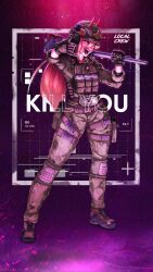  1girl ammunition_pouch belt black_background blonde_hair boots chainsaw_man combat_helmet english_text fyugins_png gloves gradient_background hammer helmet highres holding holding_hammer holding_weapon horns knee_pads long_hair military military_uniform pouch power_(chainsaw_man) propaganda purple_background russo-ukrainian_war solo standing wagner_group weapon yellow_eyes 