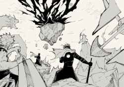  6+boys absurdres aiming aizen_sousuke alternate_universe amputee arrow_(projectile) bleach bleach:_sennen_kessen-hen bow_(weapon) commentary english_commentary greyscale gzam_77 highres holding holding_bow_(weapon) holding_weapon hole_in_chest hole_on_body ishida_ryuuken ishida_uryuu kurosaki_ichigo kurosaki_isshin male_focus monochrome multiple_boys the_almighty true_zangetsu_(bankai) twitter_username watermark weapon 