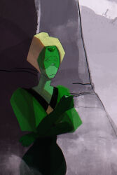  1girl blonde_hair colored_skin commentary english_commentary face_shield frown gloves green_skin highres homeworld_gem_uniform original peridot_(thefaeriemerchant) puffy_sleeves short_hair sketch solo steven_universe thefaeriemerchant upper_body wavy_mouth 