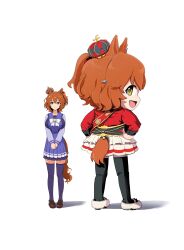  1girl 1other :d absurdres animal_ears ass aston_machan_(umamusume) black_thighhighs blue_skirt blue_thighhighs blush bow bowtie breasts brown_hair closed_mouth crown ear_ornament ear_scrunchie frilled_skirt frills from_behind full_body hair_between_eyes hair_ornament hair_scrunchie hairclip hands_on_own_hips highres horse_ears horse_girl horse_tail horseshoe_ornament jacket konrinzai_zako large_breasts loafers long_sleeves looking_at_viewer looking_back mascot_costume medium_hair mini_crown miniskirt multiple_views one_side_up open_mouth orange_tail own_hands_together pigeon-toed pleated_skirt purple_sailor_collar purple_serafuku purple_shirt purple_skirt purple_thighhighs red_jacket red_scrunchie red_shirt red_sleeves sailor_collar sailor_shirt sash school_uniform scrunchie serafuku shadow shirt shoes shoulder_sash side_ponytail simple_background skindentation skirt smile standing tail tail_through_clothes thigh-highs tilted_headwear tracen_school_uniform tracen_training_uniform umamusume v_arms white_background white_bow white_bowtie white_skirt winter_uniform yellow_eyes yellow_jacket zettai_ryouiki 