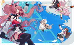  4girls absurdres angelina_(arknights) angelina_the_mellow_wish_(arknights) animal_ear_fluff animal_ears arknights black_collar black_gloves black_hairband black_thighhighs blue_background breasts brown_hair chinese_commentary collar commentary_request detached_sleeves drawn_ears dress earpiece feimaobushuomiao fingerless_gloves floating floating_object fox_ears fox_girl gloves hair_between_eyes hairband highres holding holding_umbrella infection_monitor_(arknights) jacinta_(arknights) letter long_hair long_sleeves multicolored_hairband multiple_girls open_mouth orange_gloves outstretched_arm pink_eyes pink_hair pleated_dress profile rabbit_ears rabbit_girl raccoon_ears raccoon_girl short_dress sitting sky smile staff_riding thigh-highs thumpy_(arknights) timeslot_(arknights) twintails two-tone_hairband umbrella upside-down very_long_hair white_dress white_thighhighs 