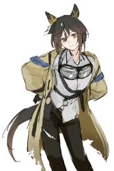  1girl animal_ears black_gloves blush bright_pupils brown_eyes brown_hair closed_mouth collared_shirt commentary_request cowboy_shot gloves goggles goggles_around_neck green_pants hands_on_own_hips highres horse_ears horse_girl jacket long_hair multicolored_hair paiotsu pants ponytail shirt simple_background solo stay_gold_(sunlit_outsider)_(umamusume) stay_gold_(umamusume) streaked_hair torn_clothes umamusume white_background white_hair white_shirt yellow_jacket 