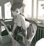  1girl absurdres amplifier bangs breasts chair circle_a electric_guitar eyebrows_visible_through_hair greyscale guitar highres instrument leaning_forward long_hair looking_at_viewer mechanical_arms mole mole_under_eye monochrome original pleated_skirt school_uniform single_mechanical_arm skirt smile solo 