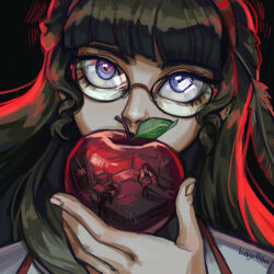  1boy 2girls absurdres apple black_background black_feathers black_hair black_shirt blue_eyes blue_thighhighs blue_vest budgieflitter collared_shirt covering_own_mouth diana_venicia drill_hair drill_sidelocks eva_tsunaka feathers food fruit glasses gradient_hair hair_slicked_back hairband highres holding holding_food holding_fruit jacket long_hair low_twintails multicolored_hair multiple_girls pink_skirt project:_eden's_garden red_hairband reflection shirt short_hair sidelocks skirt thigh-highs twintails vest white_hair white_jacket white_shirt wolfgang_akire 