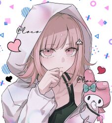  1girl artist_name black_shirt commentary_request danganronpa_(series) danganronpa_2:_goodbye_despair hair_ornament hand_up heart hood hood_up jacket long_sleeves looking_at_viewer medium_hair nanami_chiaki pink_eyes seven_(user_dhxz2742) shirt solo white_background white_jacket 
