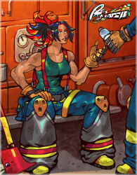  1girl 1other axe baggy_pants belt biceps boots bottle breasts commentary cromwaits dirty english_commentary english_text fire_axe fire_truck firefighter gloves hand_on_own_knee high-visibility_clothing highres holding holding_bottle knee_pads lips motor_vehicle multicolored_hair muscular muscular_female narrow_waist nose open_mouth original pants parted_bangs shoes sitting spread_legs suspenders tank_top title truck two-tone_hair water_bottle yellow_boots yellow_eyes 