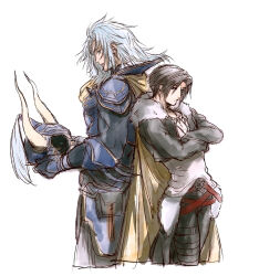  2boys armor back-to-back belt black_gloves black_jacket black_pants blue_armor brown_belt brown_hair closed_mouth commentary_request cowboy_shot cropped_jacket cropped_legs crossed_arms crossed_belts dissidia_final_fantasy fake_horns final_fantasy final_fantasy_i final_fantasy_viii fur-trimmed_jacket fur_trim gloves grey_hair helmet holding holding_unworn_helmet horned_helmet horns jacket male_focus medium_hair multiple_boys pants parted_bangs pauldrons plume scar scar_on_face scar_on_forehead shirt short_hair shoulder_armor soo_(sr00a2ht) squall_leonhart standing thigh_strap unworn_headwear unworn_helmet warrior_of_light_(ff1) white_background white_shirt yellow_cloak 