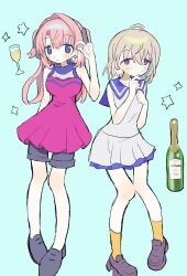  2girls bare_arms black_ribbon black_shoes blue_background bottle champagne_flute commentary cup dress drinking_glass earrings grey_dress grey_hair hair_intakes hair_ribbon highres jewelry kamiina_botan kamiina_botan_yoeru_sugata_wa_yuri_no_hana long_hair multiple_girls pink_dress pink_hair ribbon sailor_dress shoes short_hair simple_background sleeveless sleeveless_dress socks star_(symbol) star_earrings stud_earrings tonami_ibuki two_side_up u_u_(16557) violet_eyes wine_bottle yellow_socks 