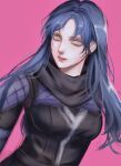  alternate_hairstyle apex_legends bangs black_bodysuit black_scarf blue_hair bodysuit breasts grey_eyes hair_behind_ear head_tilt highres light_smile long_hair looking_at_viewer medium_breasts parted_bangs parted_lips pink_background scarf tama_(ponz3o1) wraith_(apex_legends) 