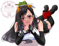  1boy 1girl animal_on_head animalization bare_shoulders black_gloves black_hair black_skirt black_thighhighs blush boots breasts brown_hair buster_sword closed_mouth cloud_strife commentary_request crop_top earrings elbow_gloves feet_up final_fantasy final_fantasy_vii final_fantasy_vii_remake finger_to_mouth fingerless_gloves frog full_body gloves hair_behind_ear hair_ornament heart index_finger_raised jewelry large_breasts long_hair looking_at_viewer lying on_head on_stomach red_boots red_eyes shikiwo shoe_soles shushing signature single_earring skirt smile suspender_skirt suspenders sword sword_on_back tank_top teardrop_earrings the_pose thigh-highs tifa_lockhart very_long_hair watermark weapon weapon_on_back white_background white_tank_top 