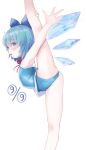  1girl arms_up bangs blue_bow blue_eyes blue_hair blue_leotard bow cirno cirno_day commentary dated english_commentary eyebrows_visible_through_hair feet_out_of_frame flexible hair_bow hand_on_own_leg highres ice ice_wings kuroshiro00 leotard open_mouth short_hair simple_background solo split standing standing_on_one_leg standing_split thighs touhou white_background wings 