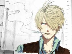  1boy black_vest blue_shirt cigarette clip_studio_paint_(medium) closed_mouth collared_shirt commentary_request curly_eyebrows curry_gohan facial_hair goatee hair_over_one_eye male_focus one_piece sanji_(one_piece) shirt smoke solo upper_body vest 