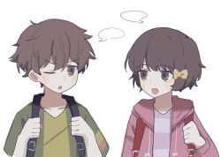  1boy 1girl black_hair blazer blush bow commentary_request hair_ornament highres himekawa_koyuki jacket kishibe_souta looking_at_another mahou_shoujo_ikusei_keikaku mahou_shoujo_ikusei_keikaku_unmarked one_eye_closed open_mouth rfo_2011 shirt smile white_background yellow_bow 