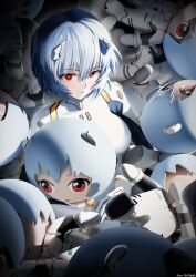  1girl absurdres ayanami_rei blue_hair bodysuit breasts bright_pupils character_doll closed_mouth commentary_request doll expressionless hair_between_eyes hairpods highres interface_headset_(evangelion) light_blush looking_at_viewer mecha_pilot_suit medium_breasts neon_genesis_evangelion pixiv_id plugsuit_(evangelion) red_eyes rei_chikita short_hair skin_tight solo text682 white_bodysuit white_pupils 