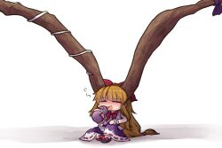  1girl :d blonde_hair blush bow bowtie closed_eyes comically_large_horns commentary_request full-face_blush gourd hair_bow hand_on_own_knee holding holding_gourd horn_bow horn_ornament horns ibuki_suika knee_up long_hair one-hour_drawing_challenge open_mouth purple_skirt red_bow red_bowtie shadow shirt sidelocks sitting skirt smile solo touhou twitter_username unime_seaflower very_long_hair white_background white_shirt 
