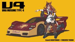  1girl :d absurdres animal_ears black_boots black_shorts boots bracelet brown_hair brown_thighhighs chain_necktie character_name choker ears_through_headwear fedora forever_young_(racing)_(umamusume) forever_young_(umamusume) green_choker green_eyes hat highres horse_ears horse_girl jacket jewelry long_hair looking_at_viewer miriff multicolored_hair necktie outstretched_arm pleated_skirt purple-tinted_eyewear rainforce red_jacket red_streaks ridge_racer shorts shorts_under_skirt simple_background skirt smile streaked_hair sunglasses thigh-highs tinted_eyewear umamusume vehicle_focus vehicle_name white_necktie white_skirt white_streaks yellow_background 