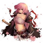  1girl absurdres alchemy_stars bandages bandeau bangs belt black_coat breasts brown_belt cherry_blossoms chest_sarashi coat commentary highres hiiro_(alchemy_stars) katana large_breasts long_sleeves looking_at_viewer midriff navel open_clothes open_coat pants petals pink_hair sarashi short_hair simple_background solo standing stomach strapless sword the_slayer_of_vishaps tube_top violet_eyes weapon white_background white_pants 