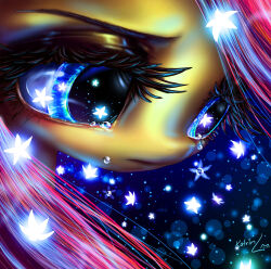  1girl absurdres artist_name blue_background blue_eyes close-up closed_mouth fluttershy highres horse_girl long_eyelashes long_hair looking_down my_little_pony my_little_pony:_friendship_is_magic pegasus pink_hair queen-kittykat solo tagme tears yellow_horse 