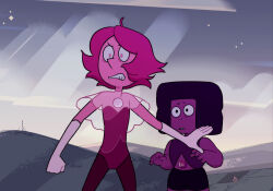  2girls afro chest_jewel colored_skin derivative_work design_speculation facelessmaniac fake_screenshot gem_(steven_universe) gloves grimace highres kinky_hair morganite's_pearl morganite's_ruby multiple_girls official_style petite pink_hair pink_skin rebecca_sugar_(style) screenshot_redraw shorts steven_universe steven_universe:_lars_of_the_stars stomach_jewel teeth 