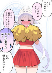  1girl @_@ animal_ears blush cheerleader closed_mouth hair_intakes highres horns long_hair midriff navel nose_blush original pleated_skirt pom_pom_(cheerleading) ponytail red_eyes red_shirt red_skirt shirt skirt solo translation_request twitter_username very_long_hair zenshin 